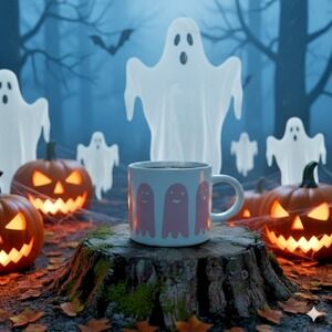 Happy Hauntings Halloween Mug – Ceramic‎ Coffee Cup with Pink Ghosts, 14 oz